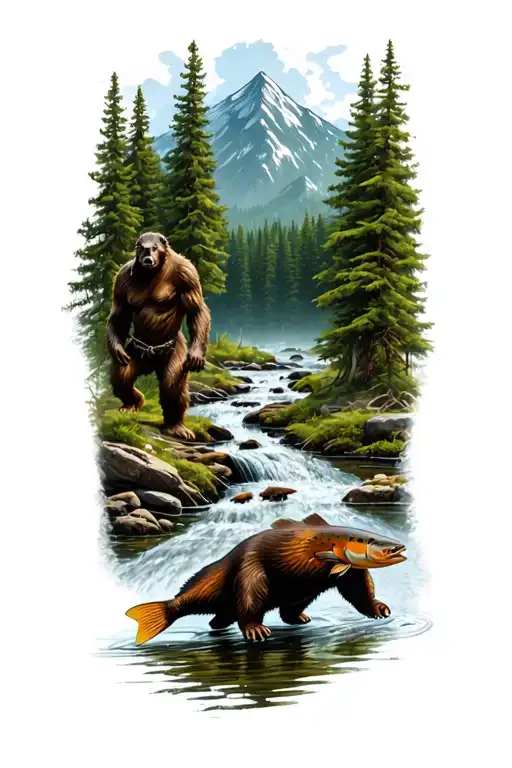 mountain forest with hiding Bigfoot with a stream flowing to a beaver pond with trout jumping  tattoo design idea