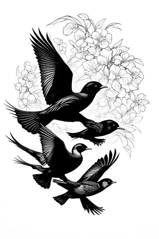 4 birds flying in a line, in the order canary, nightingale , canary, swan, small and simple,  tattoo design idea