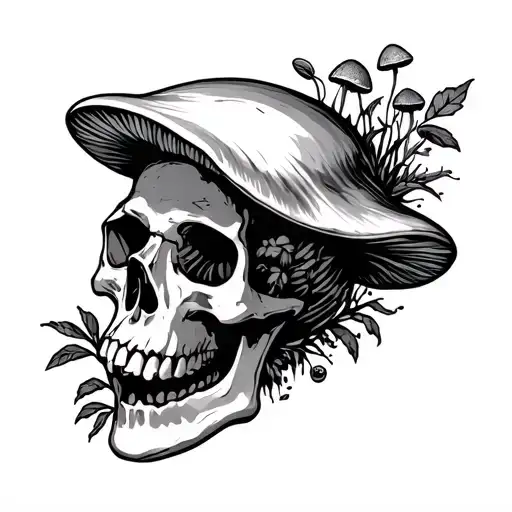 Do a full sleeve minimalist where in in the arm theres a dilophosoures skull that has mushroom and plants growing around tattoo design idea