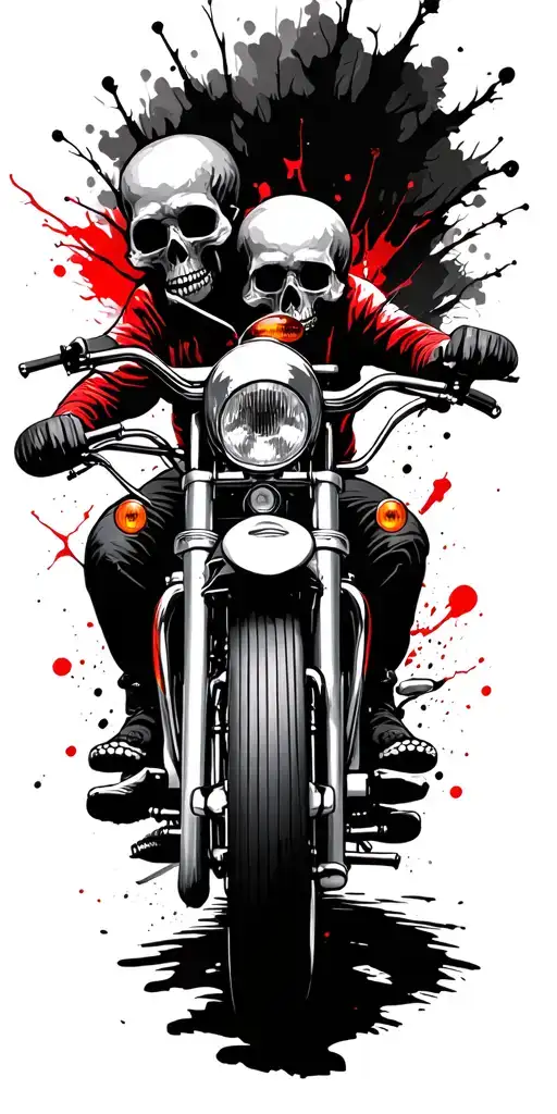 Harley motorcycle riding through a forest, lots of skulls and bones around tattoo design idea