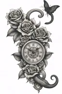 Clock with snake and roses with lilies tattoo design idea