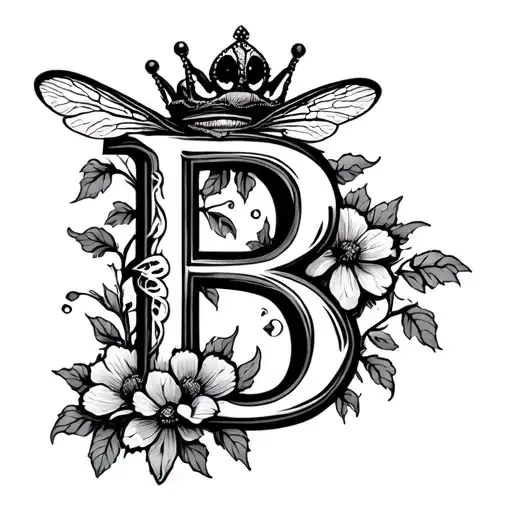 crown with flower vines growing down the letter B bee tattoo design idea