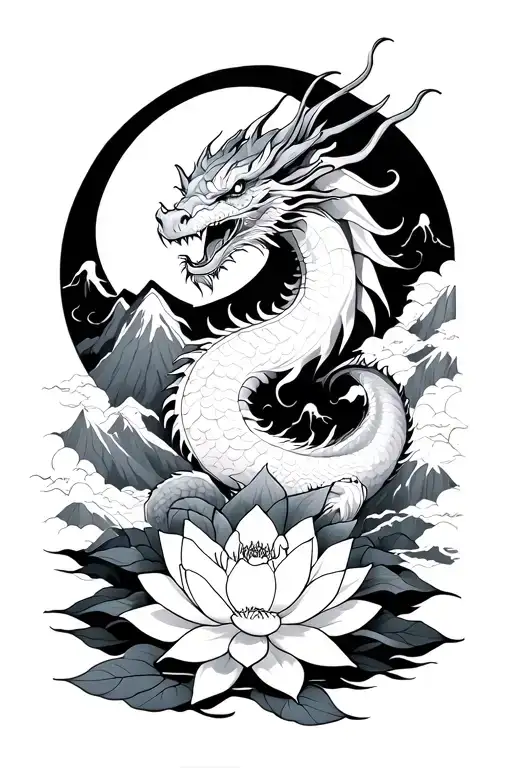dragon coming out of the mountains, moon above and lotus flower below tattoo design idea
