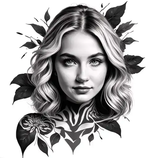 Realistic tattoo. Portrait of a 30 year old pretty blond woman, blue eyes, narrow nose, narrow lips, full tattoo design idea