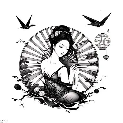 feminine chinese style tattoo featuring a fan, lantern, paper crane tattoo design idea
