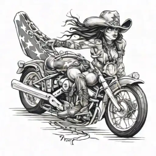 sexy girl wrapped in chains on a motorcycle wearing a confederate flag cowgirl hat tattoo design idea