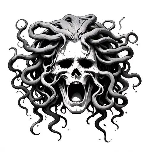 crying medusa head with black features and skulls tattoo design idea