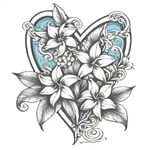 surfboards incorporated into the design  wave heart plumeria flowers  tattoo design idea