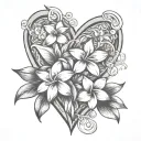 surfboards incorporated into the design  wave heart plumeria flowers  tattoo design idea