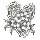 surfboards incorporated into the design  wave heart plumeria flowers  tattoo design idea