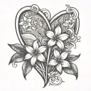 surfboards incorporated into the design  wave heart plumeria flowers  tattoo design idea