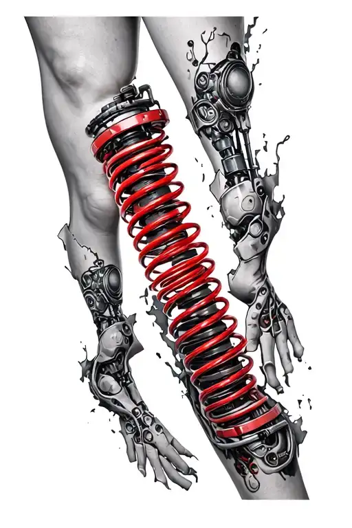 Realistic biomechanical leg tattoo, 3D torn skin effect revealing a cybernetic shock absorber with a red coil spring, fl tattoo design idea