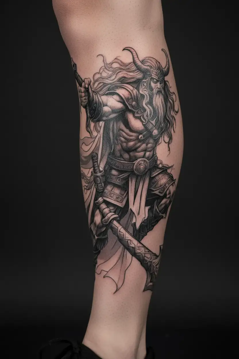 Perun, Slavic god of thunder, holding a hammer with fierce expression. Features an eagle, lightning, and dominance. tattoo design idea