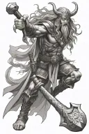 Perun, Slavic god of thunder, holding a hammer with fierce expression. Features an eagle, lightning, and dominance. tattoo design idea