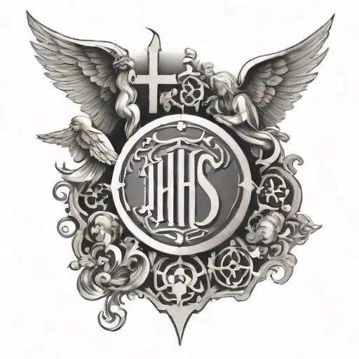 IHS Christogram with angels flying tattoo design idea