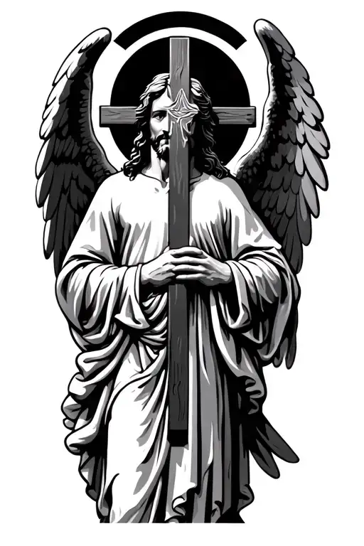 jesus holding the cross with angel wings and a halo tattoo design idea