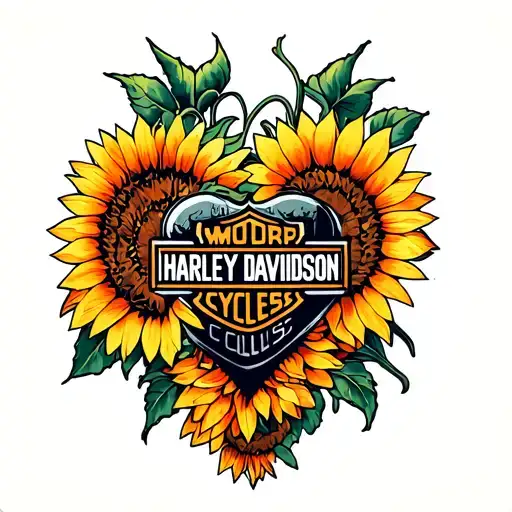 heart with word collins and Harley Davidson logo and sunflowers  tattoo design idea