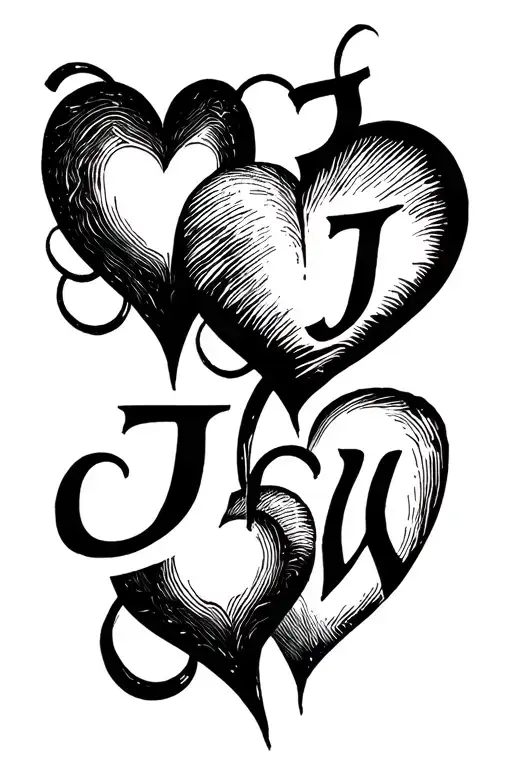 3 hearts connected with the initial J in heart 1,E in heart 2 and W in heart 3. incorporate the letters into the hearts  tattoo design idea