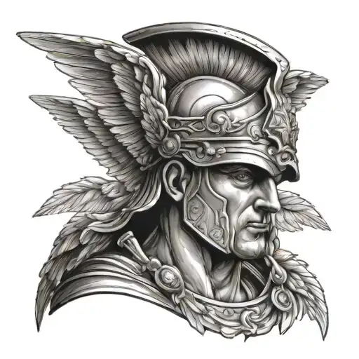 Hermes the Greek god, looking mighty with helmet adorned and wings tattoo design idea