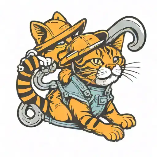 mechanic cat standing with a hat and wrench wearing coveralls tattoo design idea