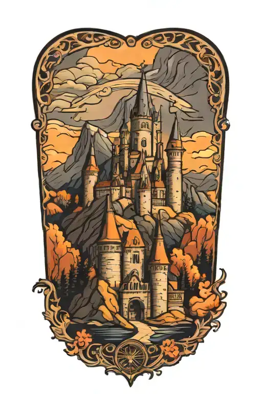 Gothic Medieval castle overlooking mountains tattoo design idea