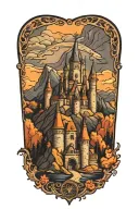 Gothic Medieval castle overlooking mountains tattoo design idea
