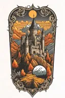 Gothic Medieval castle overlooking mountains tattoo design idea