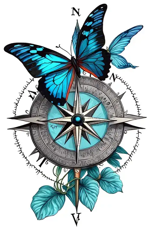 compass rose with butterfly flying tattoo design idea