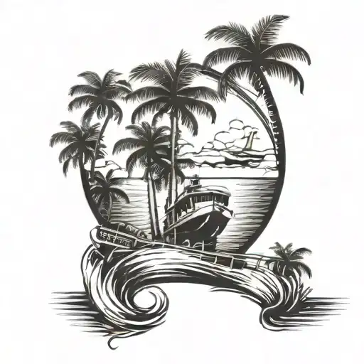 sea ​​motor boat, birds island palm tree landscape tattoo design idea