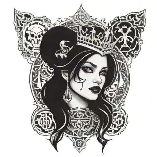 Feminine and edgy design combining Carré de dames motifs with Harley queen symbols tattoo design idea
