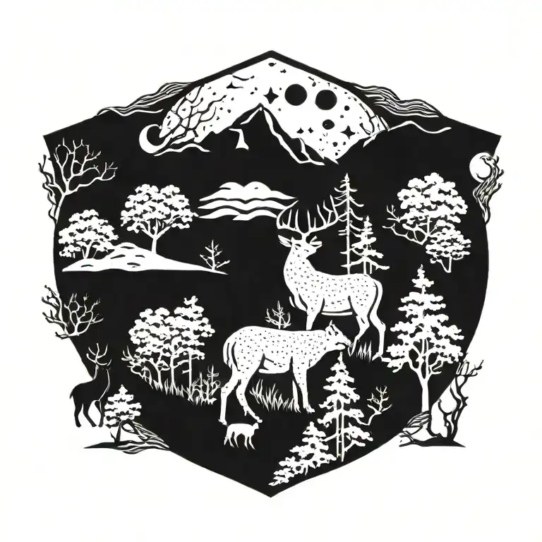nature, bear, deer, owl, wolf howling at the moon tattoo design idea