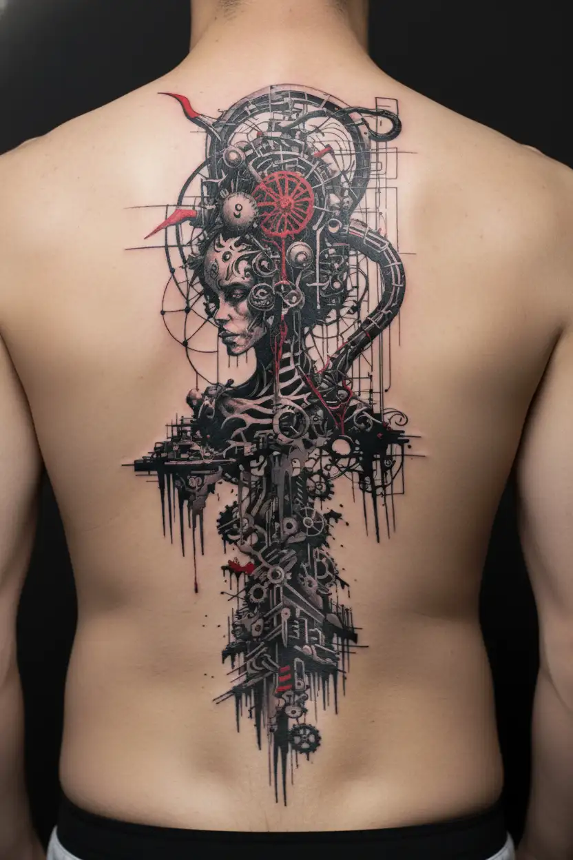 H.R. Giger style labyrinth of milestone dates in my life tattoo design idea