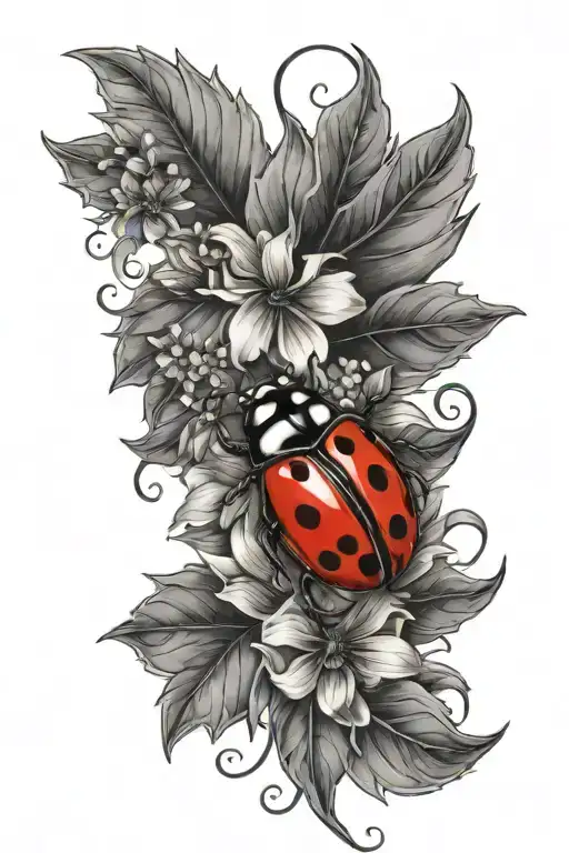 leaves and flowers with lady bug on spine tattoo tattoo design idea