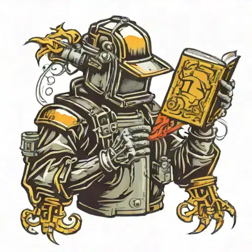 welding hood holding a book tattoo design idea