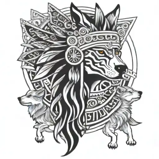 A gun-wielding Aztec deity surrounded by wolves in a geometric design tattoo design idea