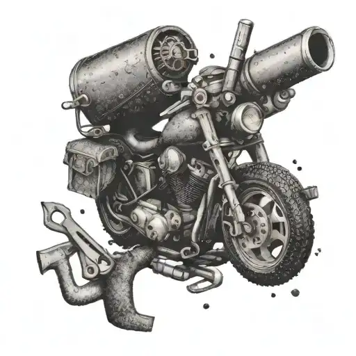 An intricate dotwork tattoo of a carpenter's tools arranged in the shape of a motorcycle tattoo design idea