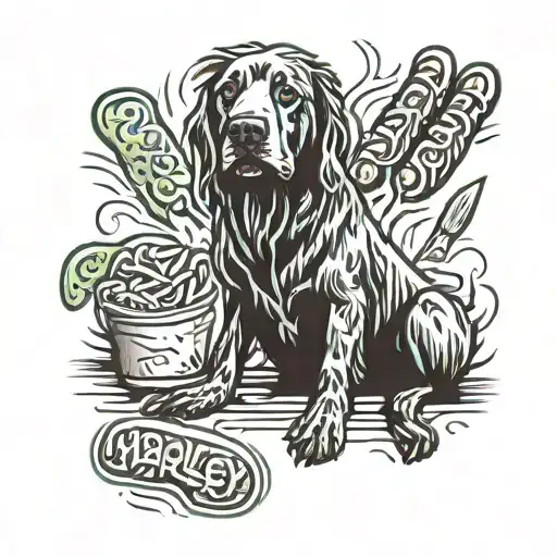the name marley surrounded with hot dogs sitting tattoo design idea