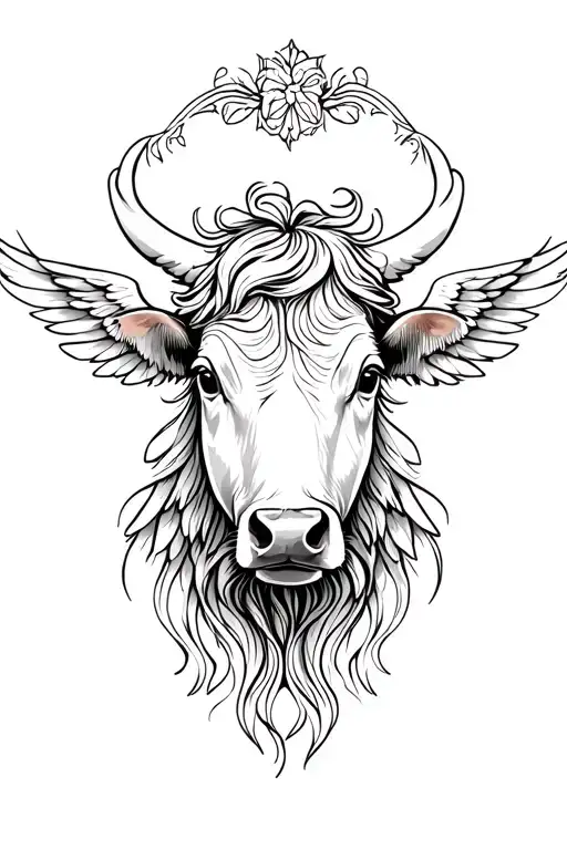  cow head thin lines angel wings feminine and beautiful  tattoo design idea