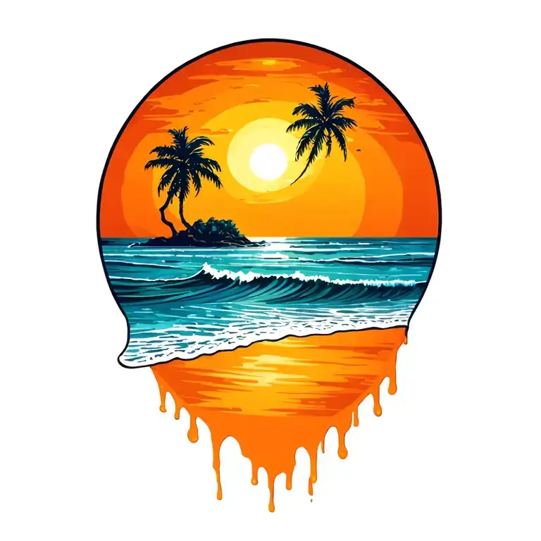 Costa Rica beach sunset scene with wave wash tapering off at bottom of tattoo tattoo design idea