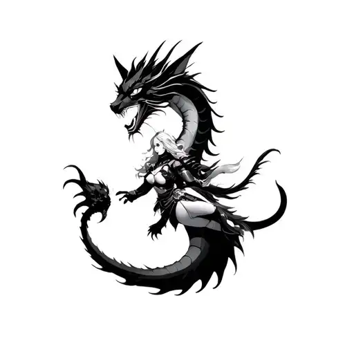 black and white dragon is a cat floating down to the person under who is a female samurai in sexy armour gently touching tattoo design idea