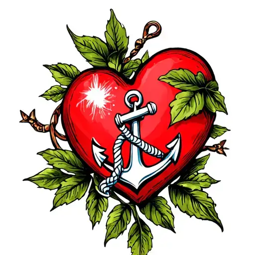 heart with anchor and leaves tattoo design idea