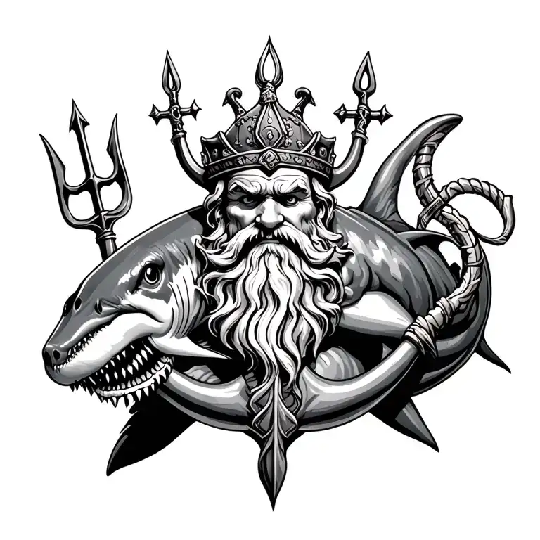 King Neptune with trident, anchor and hammerhead sharks tattoo design idea