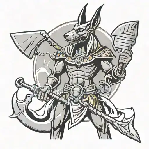A tattoo design of Anubis, the Egyptian god of the afterlife, wearing a cowboy hat and boots, with agricultural tools like a shovel and rake tattoo design idea