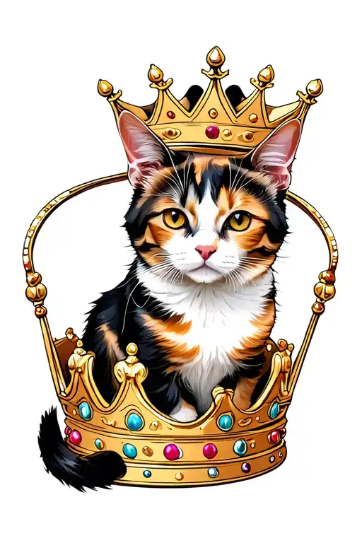 "Purrella on top of the  crown " "Purrella on top of the  crown " Calico cat sitting inside a queen crown with a princess crown slipping off her head because of her big ears  tattoo design idea