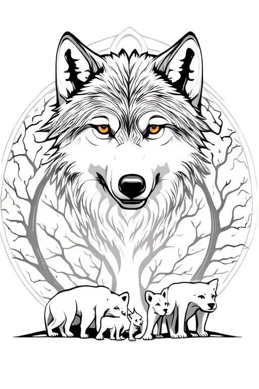 Wolf and its 3 cubs and a tree of life tattoo design idea
