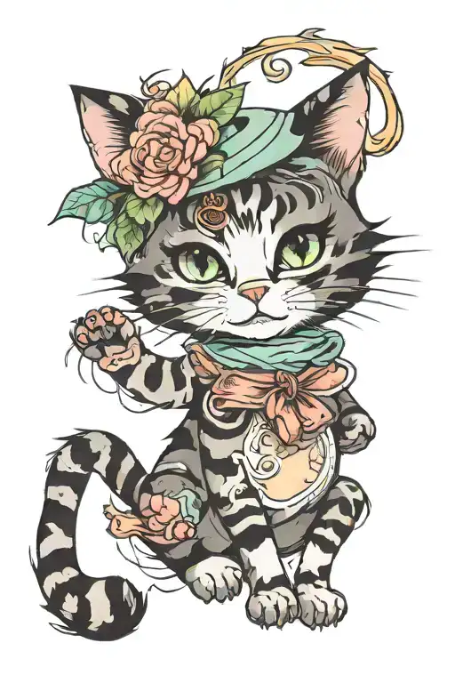CUTE CAT LINE PRINT WITH WATERCOLOUR tattoo design idea