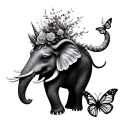 elephant with a unicorn on its back and a butterfly on the trunk tattoo design idea