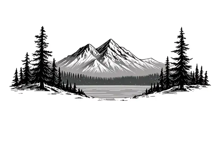 mountain with a few big trees and a lake in front tattoo design idea