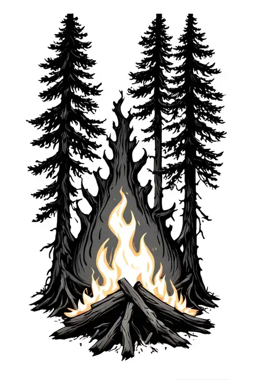 camp fire trees tattoo design idea