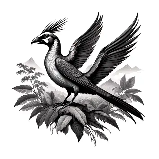 quetzal In jungle blended into mountain range tattoo design idea